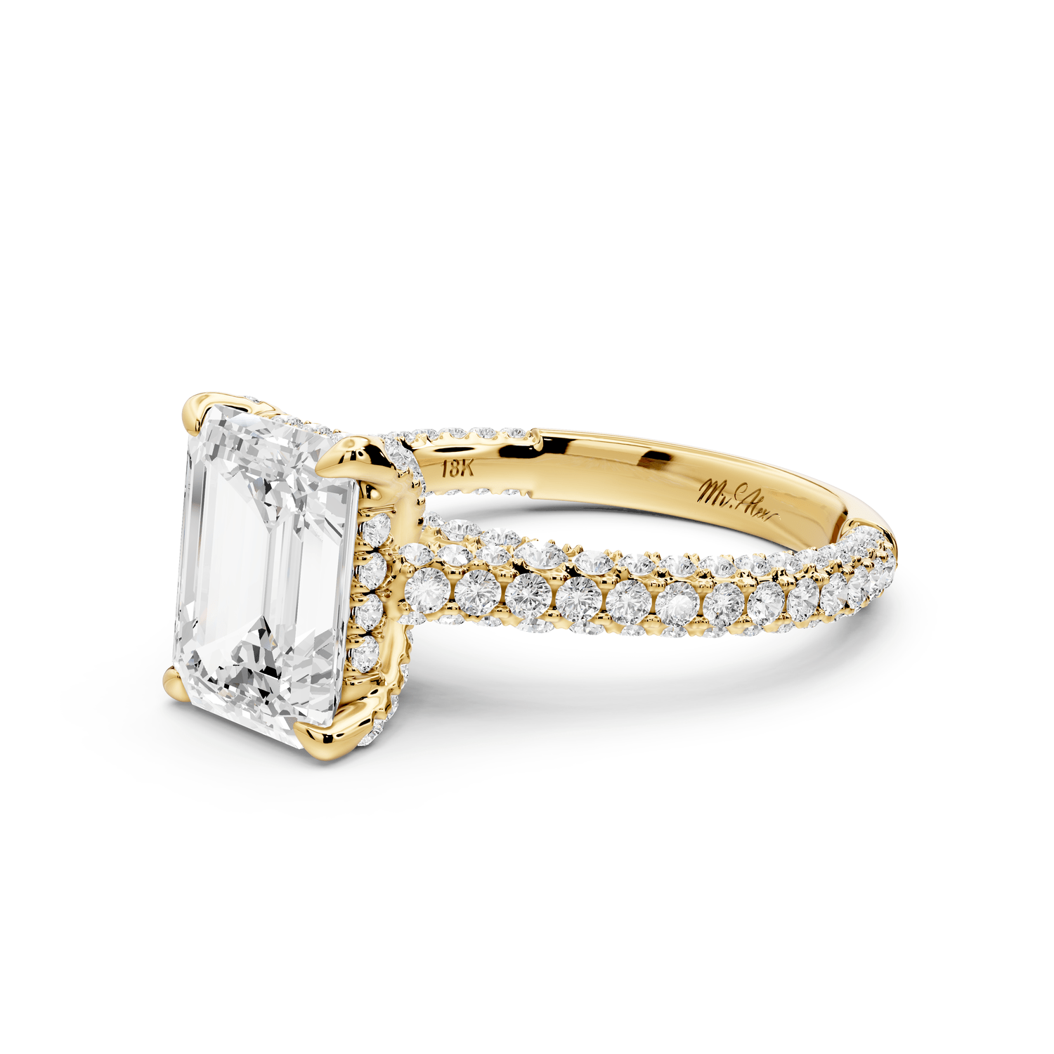 Bianca - 3ct 18k yellow gold emerald Diamond hidden halo with a diamond crown and bridge rollover pave cathedral Engagement ring - Mr. Alex Jewelry