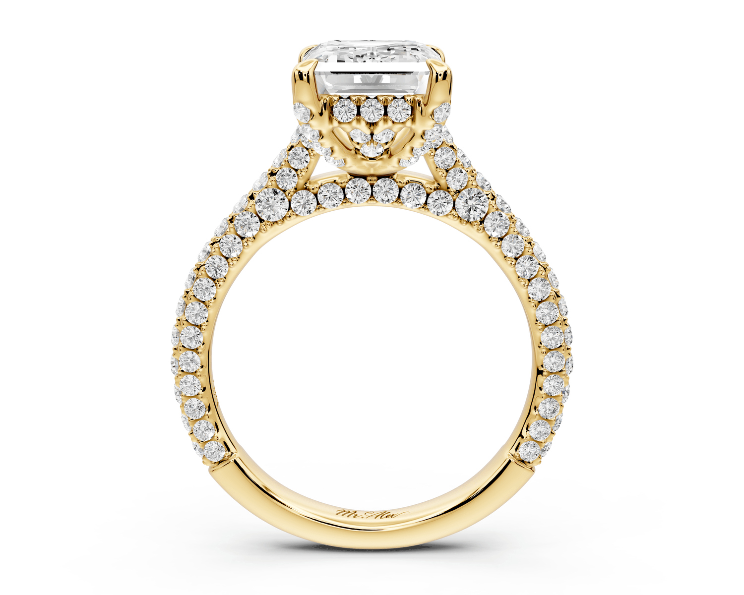 Bianca - 3ct 18k yellow gold emerald Diamond hidden halo with a diamond crown and bridge rollover pave cathedral Engagement ring - Mr. Alex Jewelry