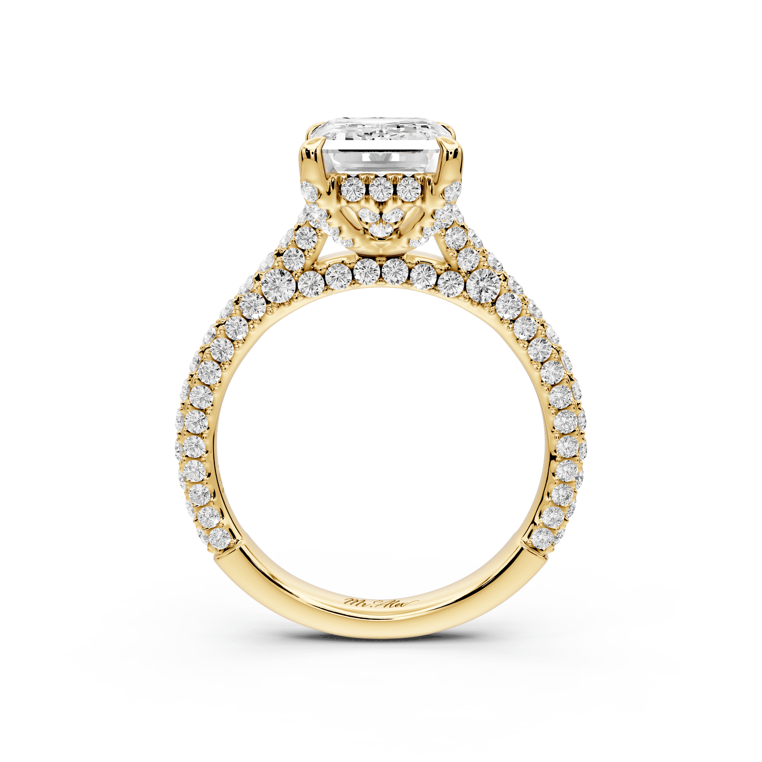 Bianca - 3ct 18k yellow gold emerald Diamond hidden halo with a diamond crown and bridge rollover pave cathedral Engagement ring - Mr. Alex Jewelry