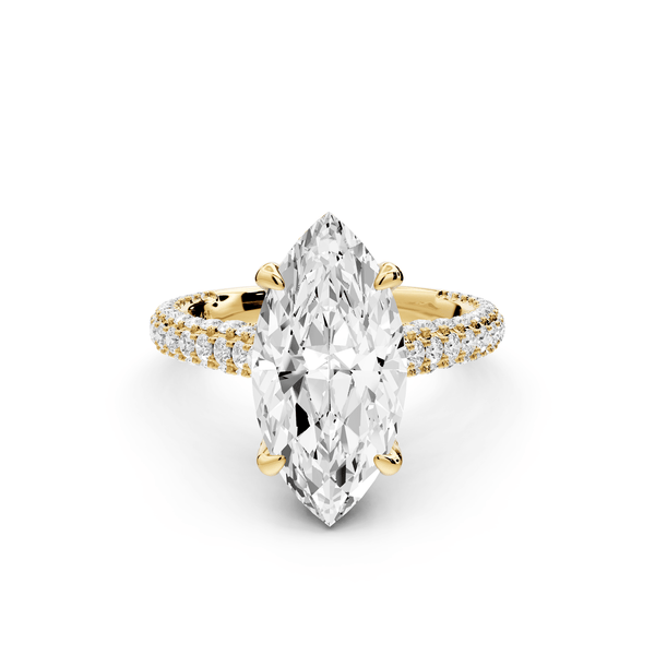 Bianca - 3ct 18k yellow gold marquise Diamond hidden halo with a diamond crown and bridge rollover pave cathedral engagement ring - Mr. Alex Jewelry