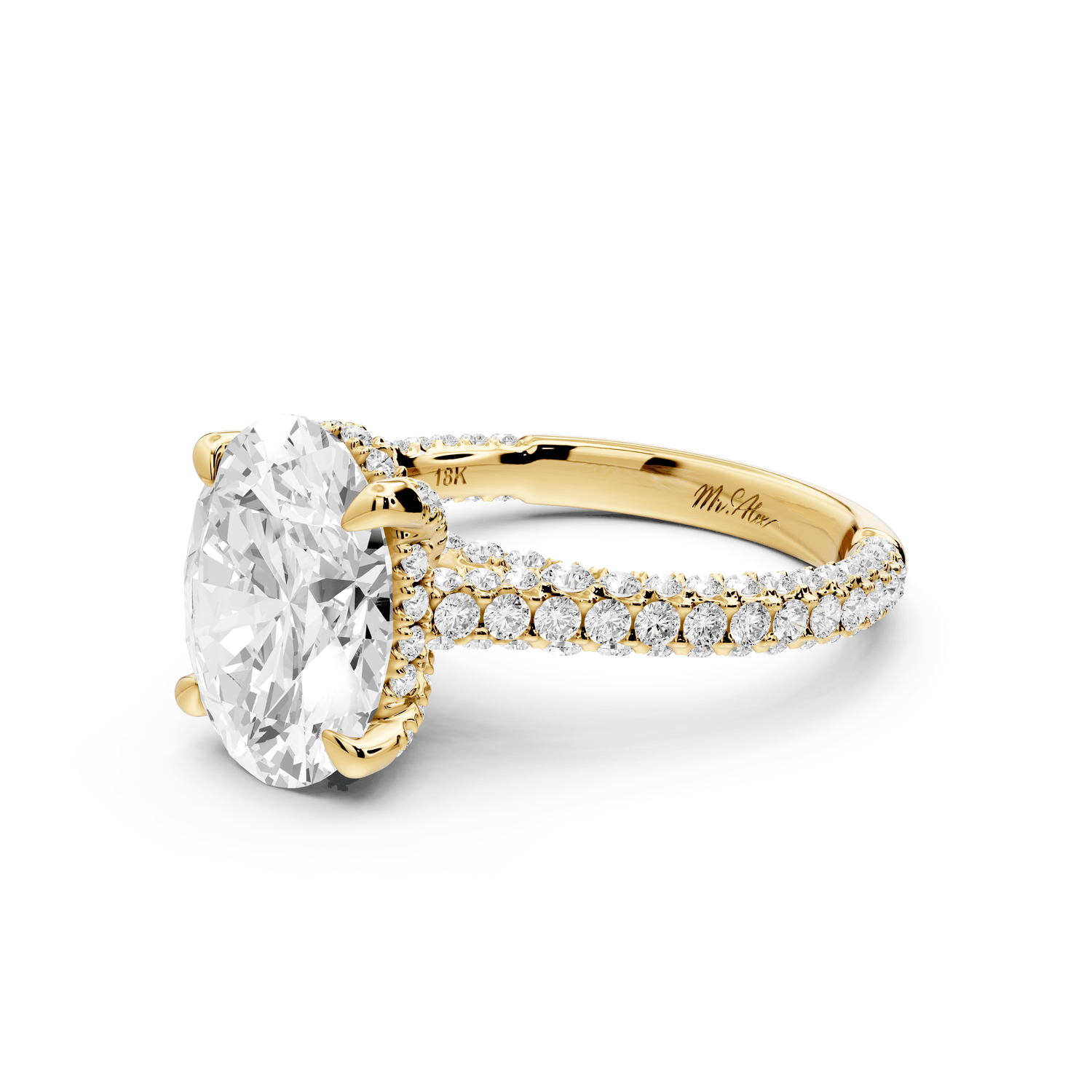 Bianca - 3ct 18k yellow gold oval Diamond hidden halo with a diamond crown and bridge rollover pave cathedral Engagement ring - Mr. Alex Jewelry