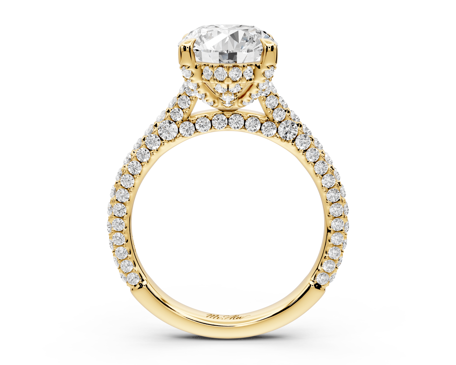 Bianca - 3ct 18k yellow gold oval Diamond hidden halo with a diamond crown and bridge rollover pave cathedral Engagement ring - Mr. Alex Jewelry