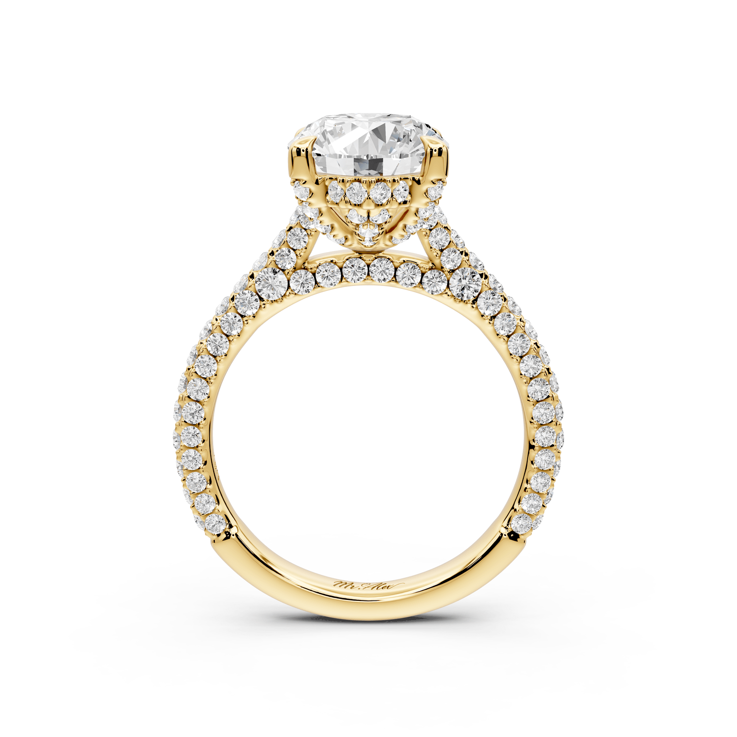 Bianca - 3ct 18k yellow gold oval Diamond hidden halo with a diamond crown and bridge rollover pave cathedral Engagement ring - Mr. Alex Jewelry