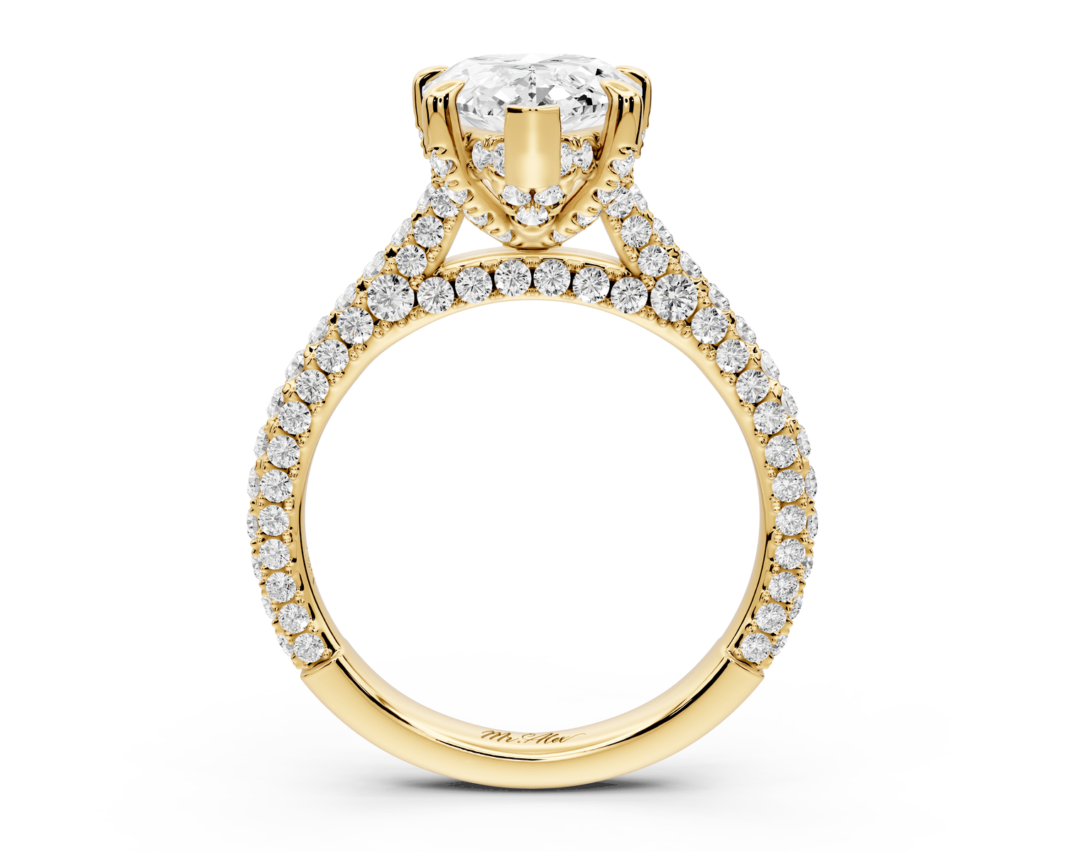 Bianca - 3ct 18k yellow gold pear Diamond hidden halo with a diamond crown and bridge rollover pave cathedral Engagement ring - Mr. Alex Jewelry