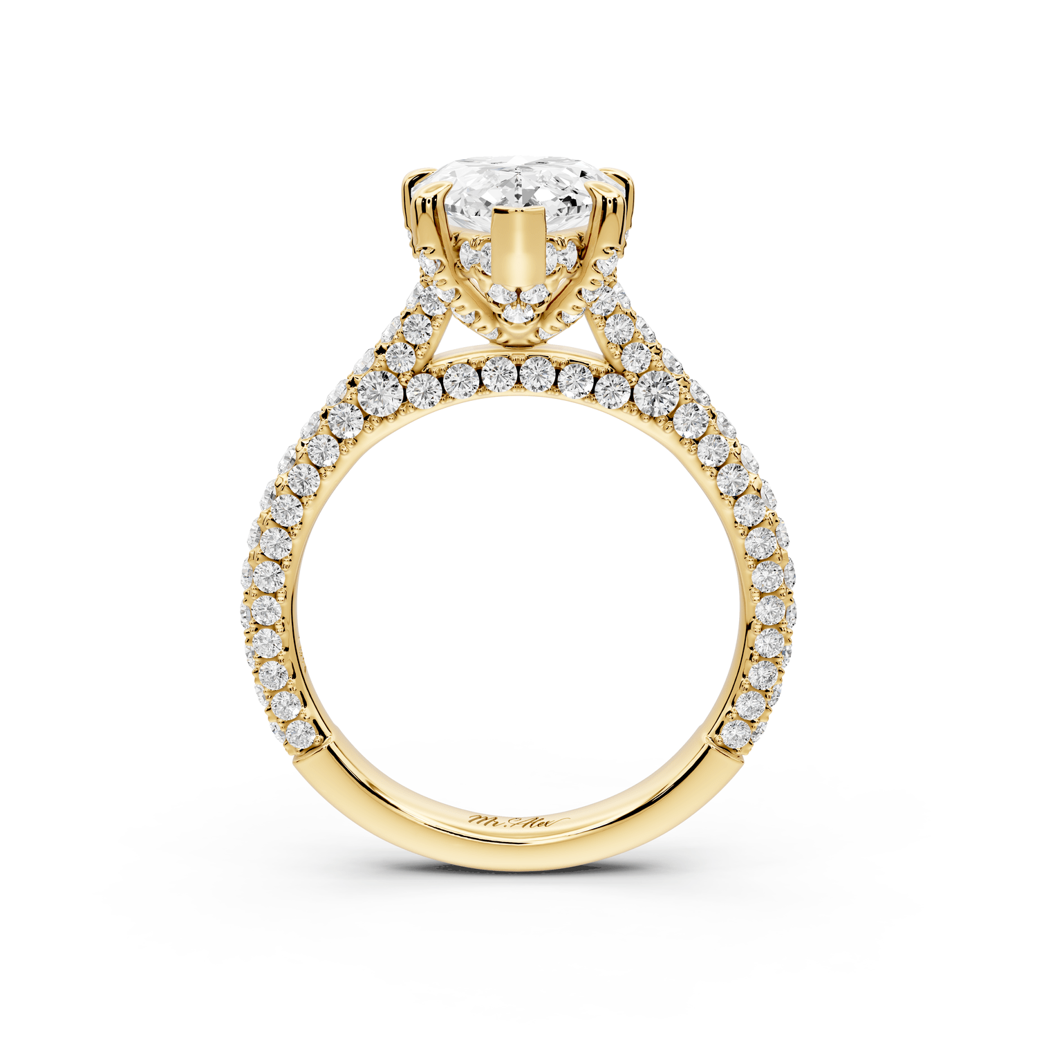Bianca - 3ct 18k yellow gold pear Diamond hidden halo with a diamond crown and bridge rollover pave cathedral Engagement ring - Mr. Alex Jewelry