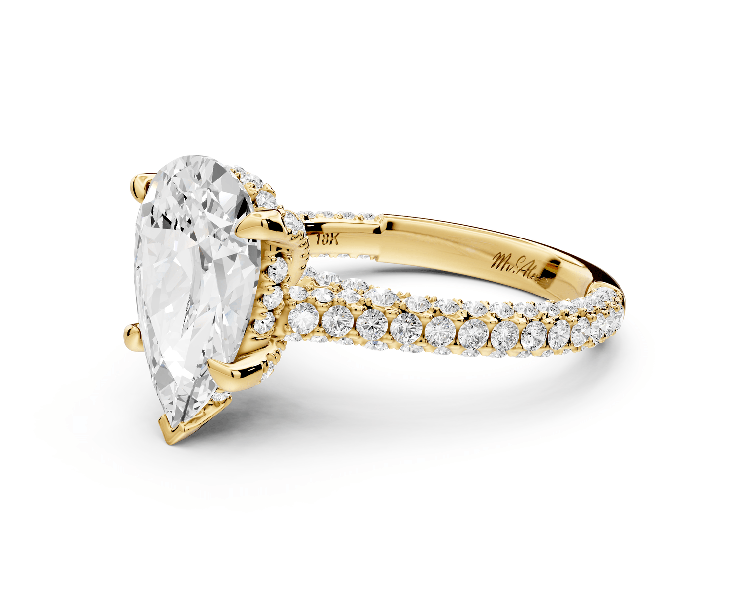 Bianca - 3ct 18k yellow gold pear Diamond hidden halo with a diamond crown and bridge rollover pave cathedral Engagement ring - Mr. Alex Jewelry