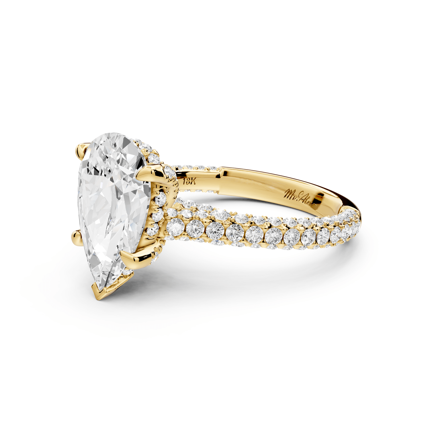 Bianca - 3ct 18k yellow gold pear Diamond hidden halo with a diamond crown and bridge rollover pave cathedral Engagement ring - Mr. Alex Jewelry