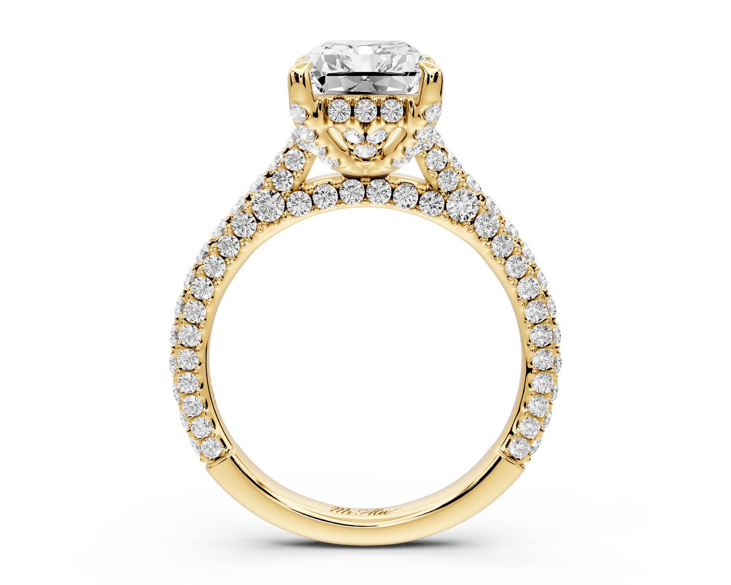 Bianca - 3ct 18k yellow gold radiant Diamond hidden halo with a diamond crown and bridge rollover pave cathedral engagement ring - Mr. Alex Jewelry