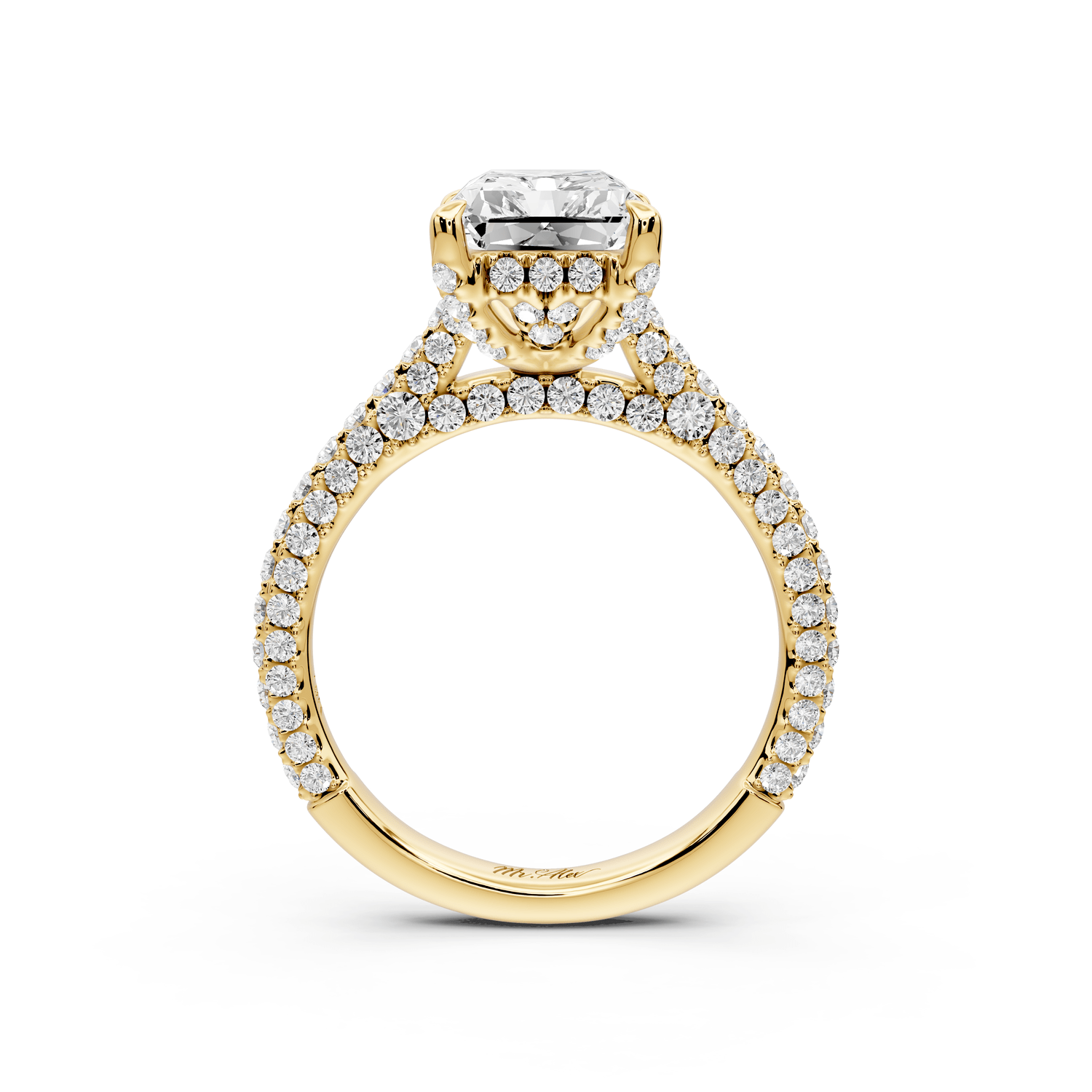 Bianca - 3ct 18k yellow gold radiant Diamond hidden halo with a diamond crown and bridge rollover pave cathedral engagement ring - Mr. Alex Jewelry