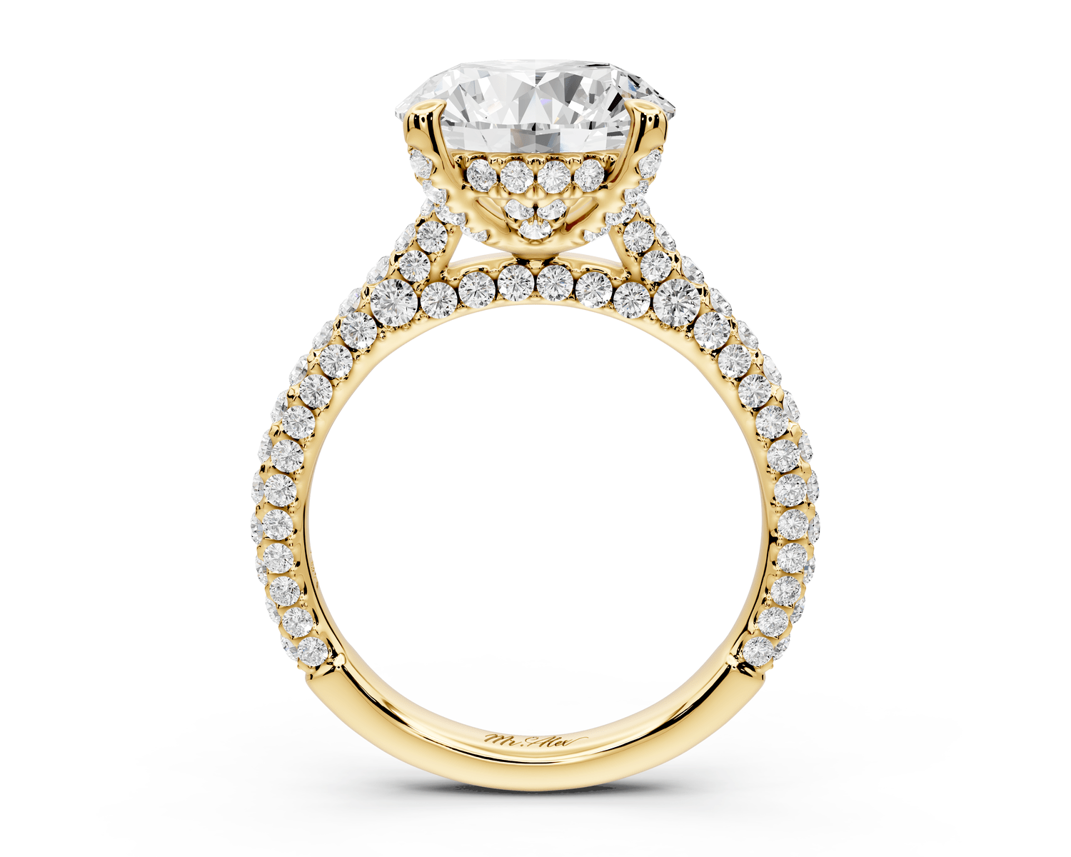 Bianca - 3ct 18k yellow gold round Diamond hidden halo with a diamond crown and bridge rollover pave cathedral engagment ring - Mr. Alex Jewelry