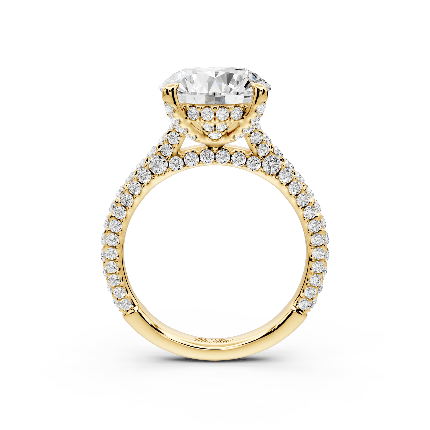 Bianca - 3ct 18k yellow gold round Diamond hidden halo with a diamond crown and bridge rollover pave cathedral engagment ring - Mr. Alex Jewelry