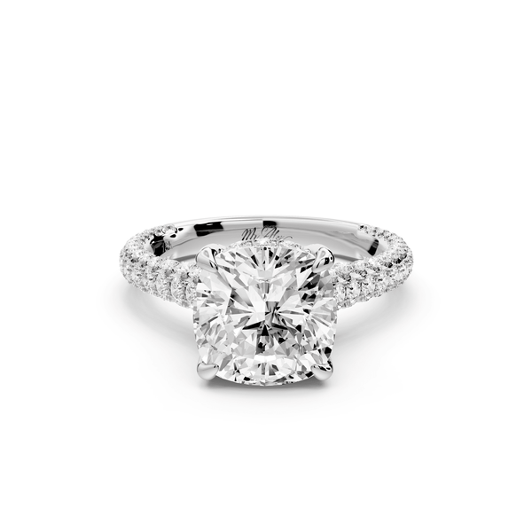 Bianca - 3ct platinum cushion Diamond hidden halo with a diamond crown and bridge rollover pave cathedral engagement ring - Mr. Alex Jewelry
