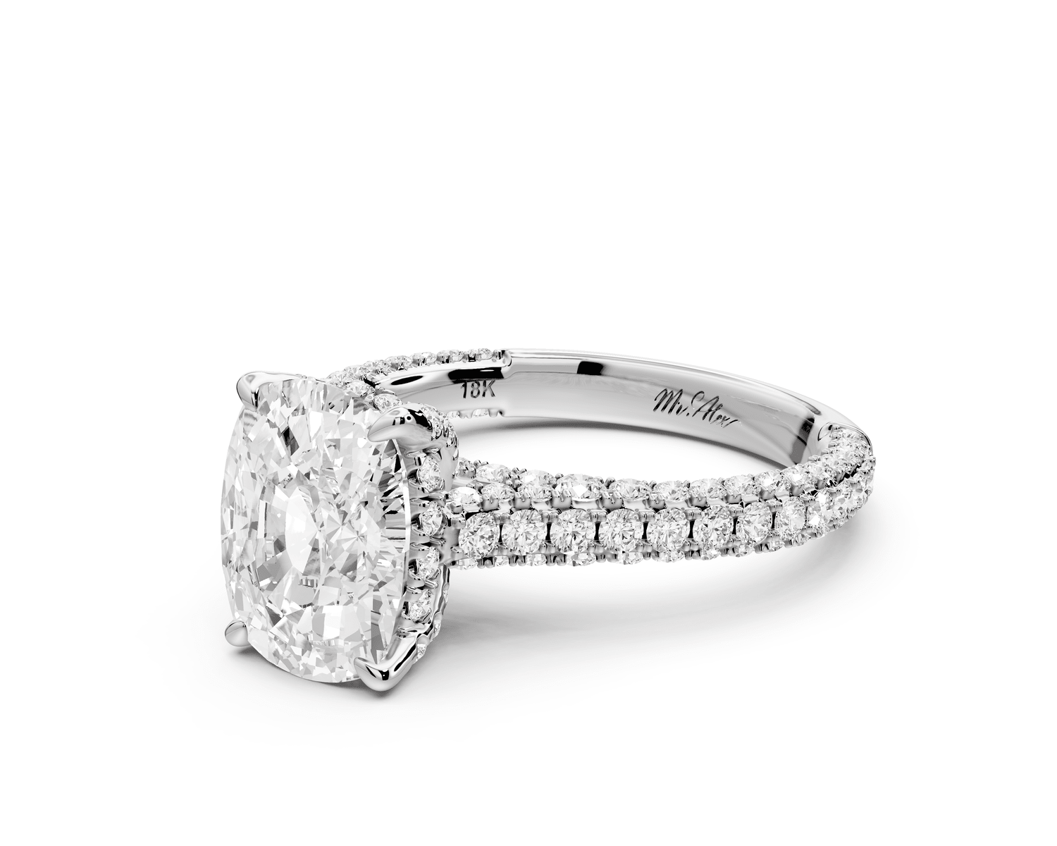 Bianca - 3ct platinum ecushion Diamond hidden halo with a diamond crown and bridge rollover pave cathedral engagement ring - Mr. Alex Jewelry