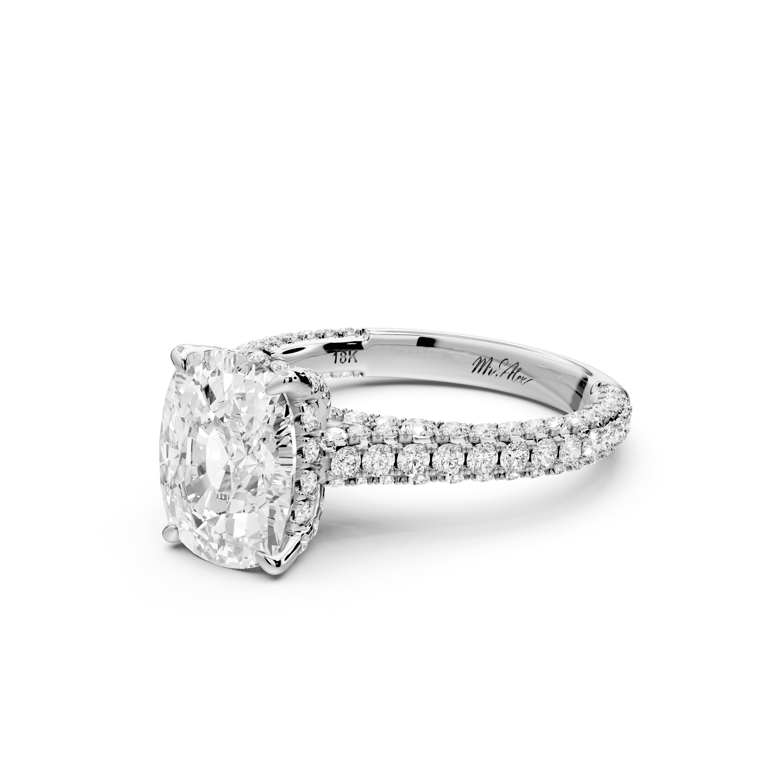 Bianca - 3ct platinum ecushion Diamond hidden halo with a diamond crown and bridge rollover pave cathedral engagement ring - Mr. Alex Jewelry
