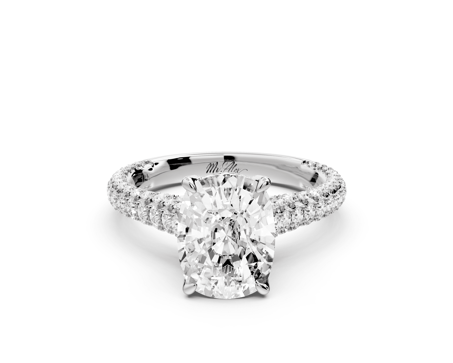 Bianca - 3ct platinum ecushion Diamond hidden halo with a diamond crown and bridge rollover pave cathedral engagement ring - Mr. Alex Jewelry