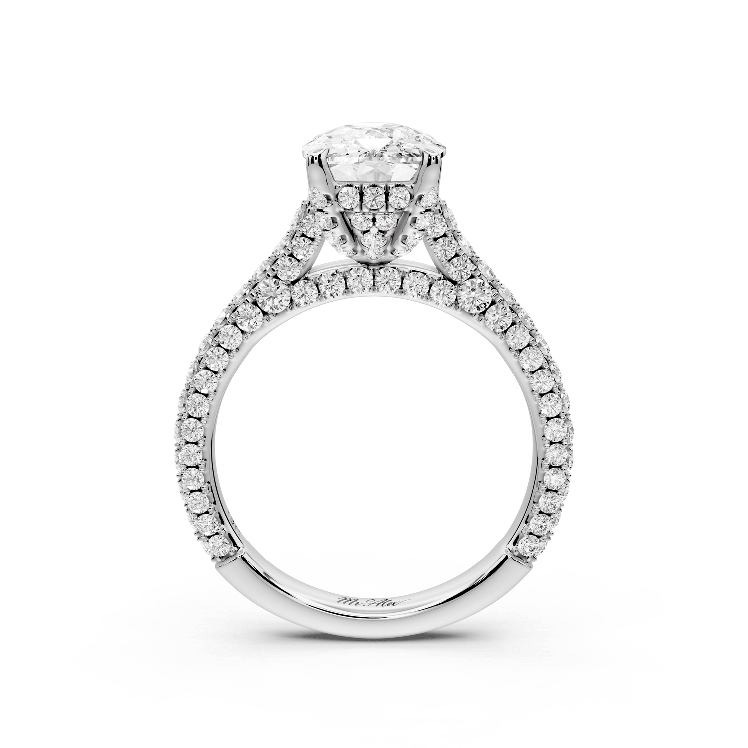 Bianca - 3ct platinum ecushion Diamond hidden halo with a diamond crown and bridge rollover pave cathedral engagement ring - Mr. Alex Jewelry