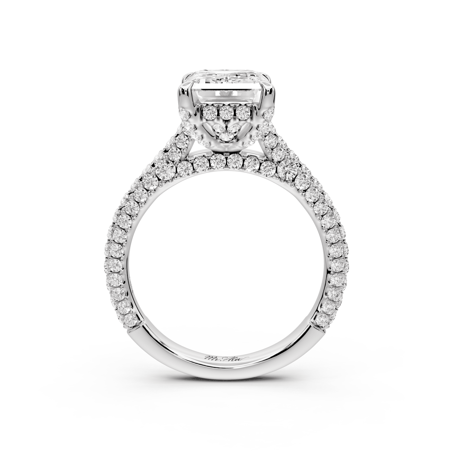 Bianca - 3ct platinum emerald Diamond hidden halo with a diamond crown and bridge rollover pave cathedral Engagement ring - Mr. Alex Jewelry