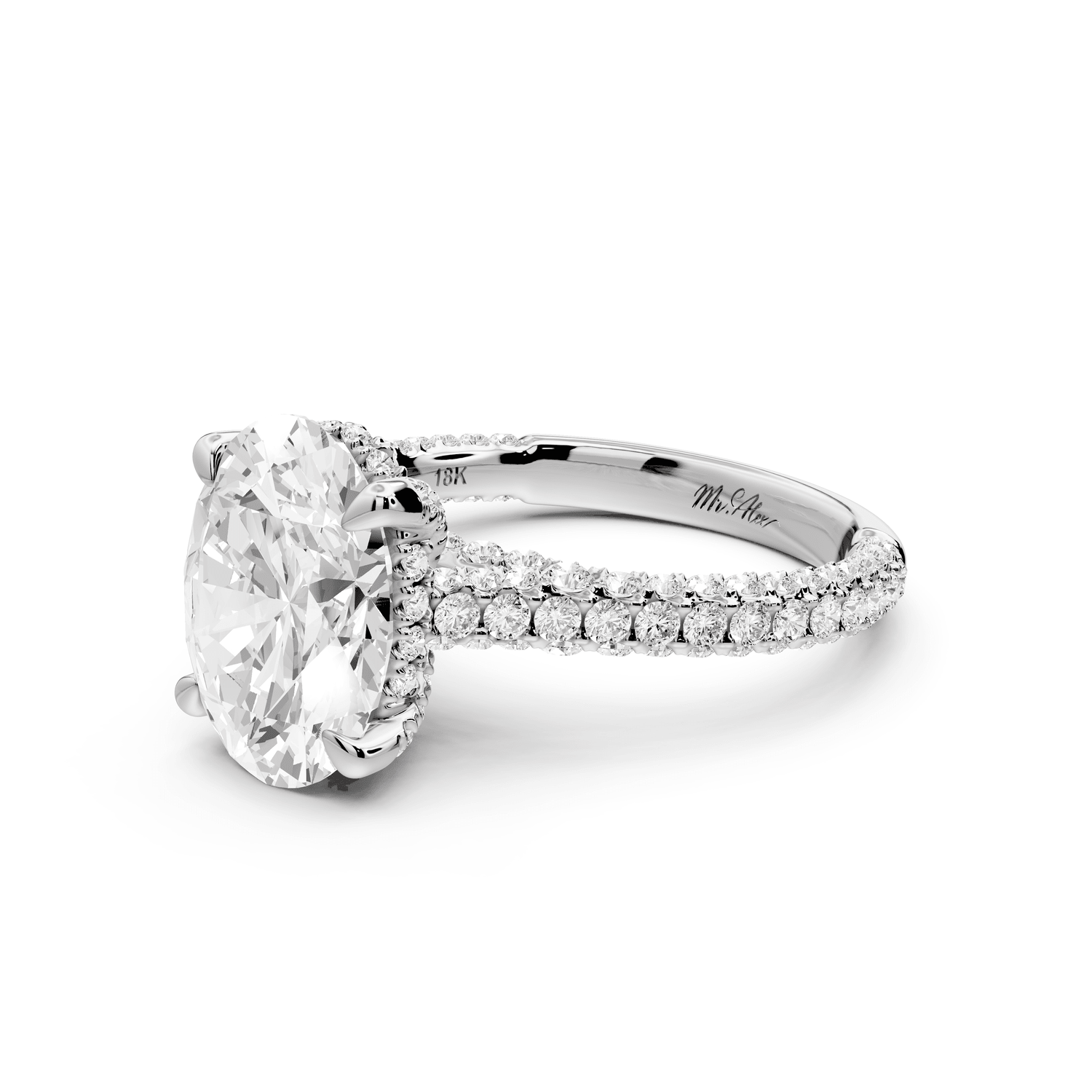 Bianca - 3ct platinum oval Diamond hidden halo with a diamond crown and bridge rollover pave cathedral Engagement ring - Mr. Alex Jewelry