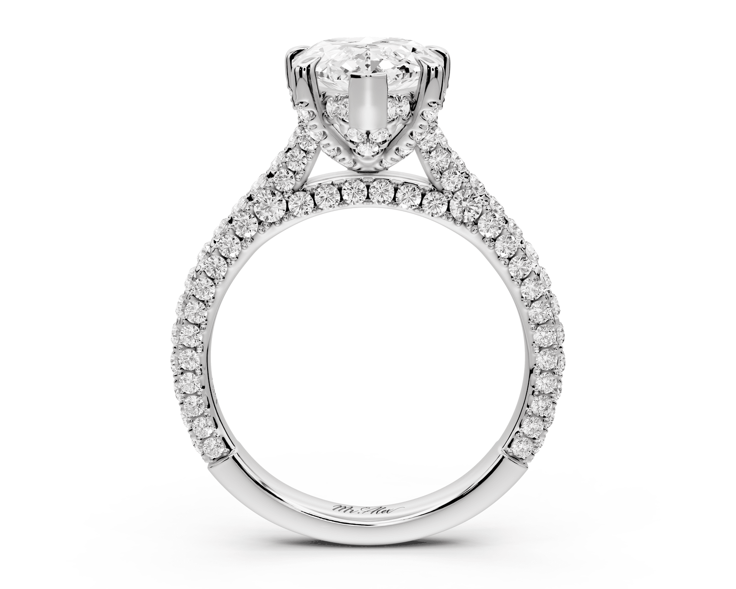 Bianca - 3ct platinum pear Diamond hidden halo with a diamond crown and bridge rollover pave cathedral Engagement ring - Mr. Alex Jewelry
