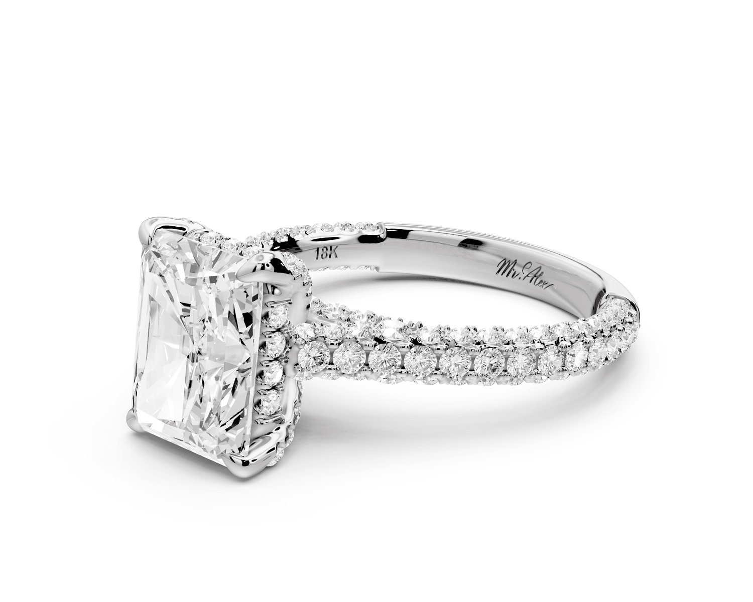 Bianca - 3ct platinum radiant Diamond hidden halo with a diamond crown and bridge rollover pave cathedral engagement ring - Mr. Alex Jewelry