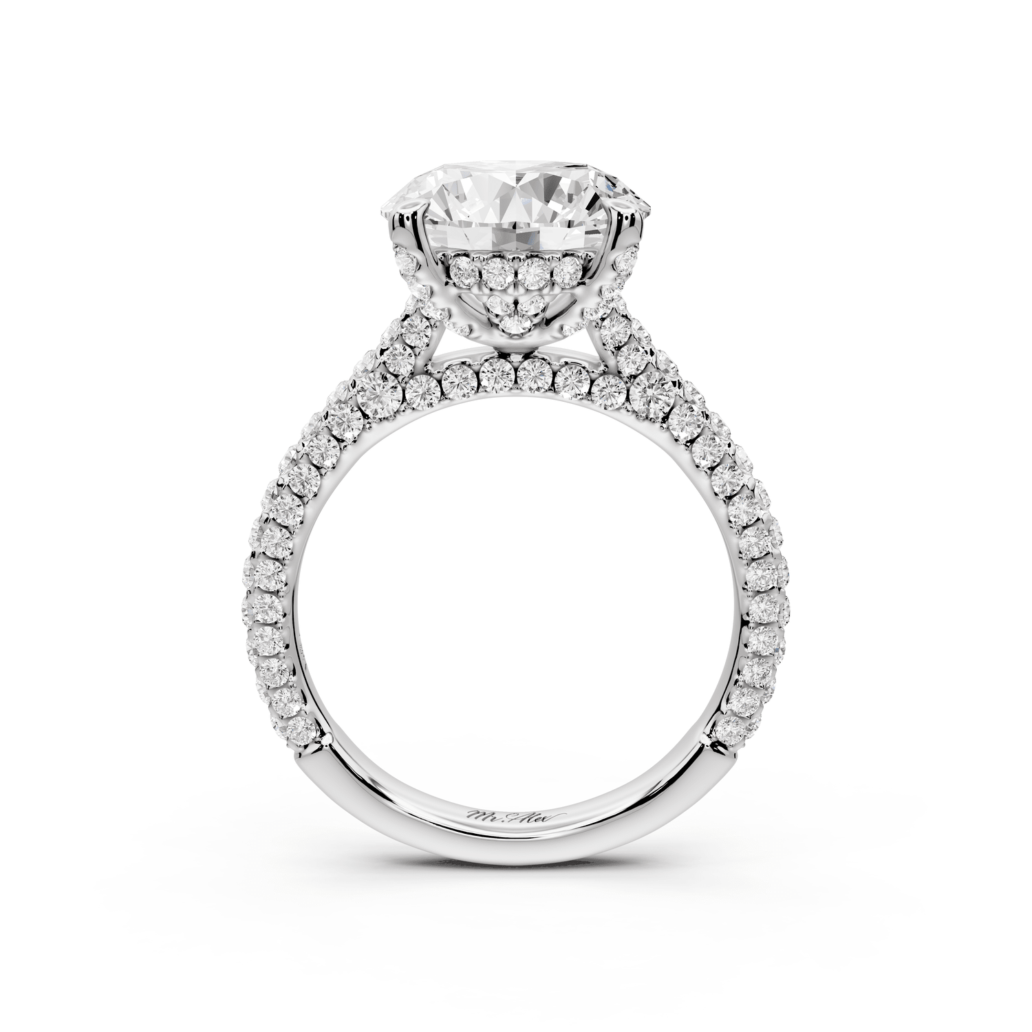 Bianca - 3ct platinum round Diamond hidden halo with a diamond crown and bridge rollover pave cathedral engagment ring - Mr. Alex Jewelry