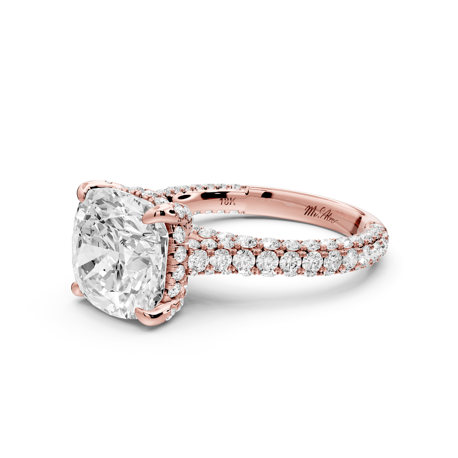 Bianca - 4ct 14k rose gold cushion Diamond hidden halo with a diamond crown and bridge rollover pave cathedral engagement ring - Mr. Alex Jewelry