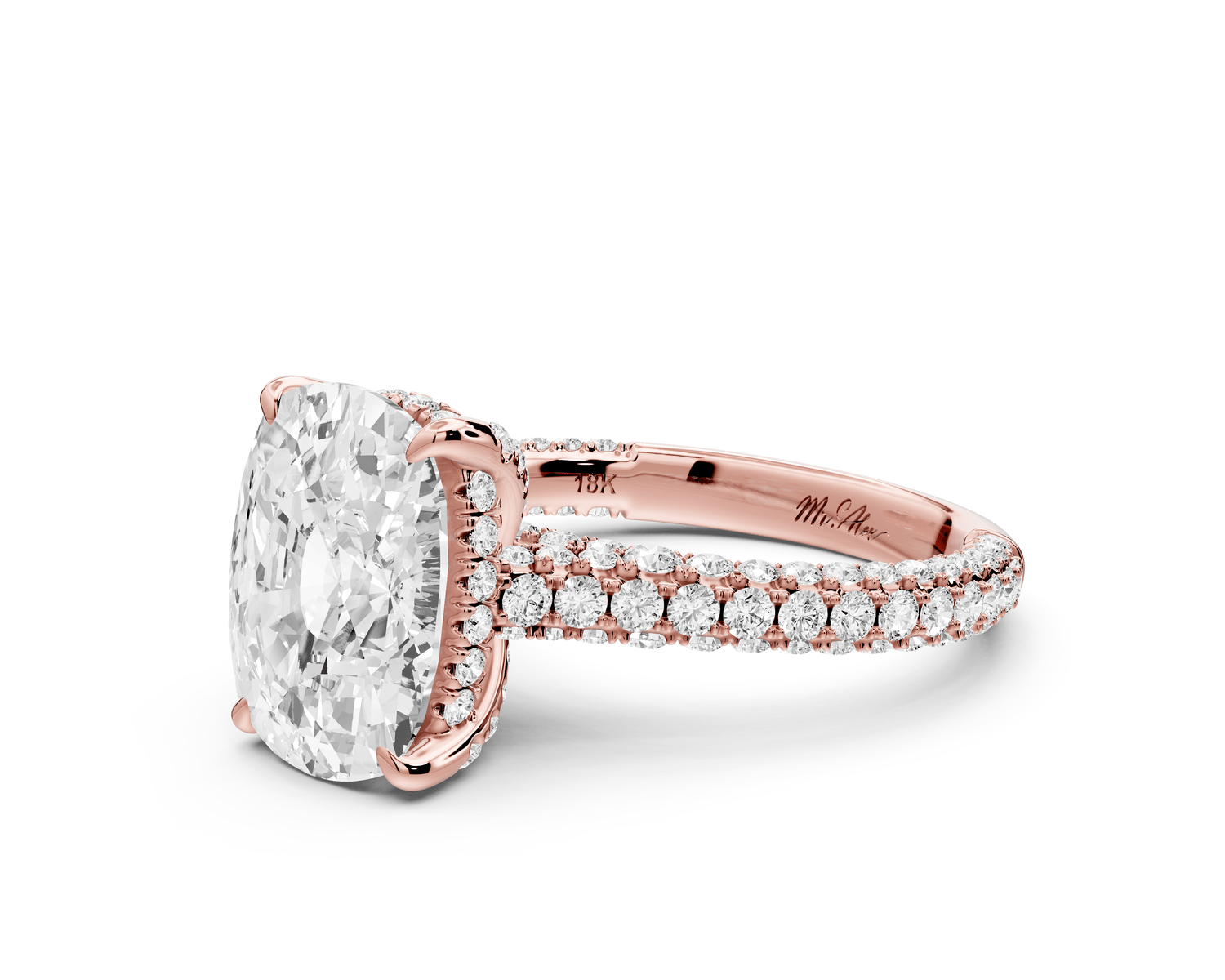 Bianca - 4ct 14k rose gold ecushion Diamond hidden halo with a diamond crown and bridge rollover pave cathedral engagement ring - Mr. Alex Jewelry