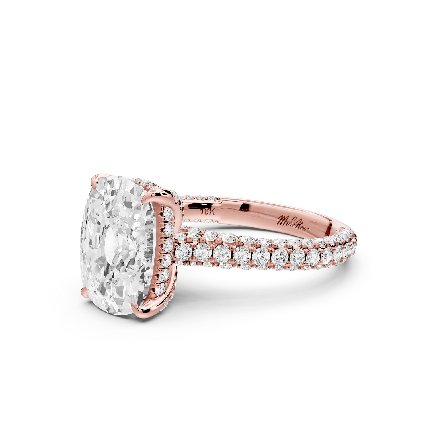 Bianca - 4ct 14k rose gold ecushion Diamond hidden halo with a diamond crown and bridge rollover pave cathedral engagement ring - Mr. Alex Jewelry