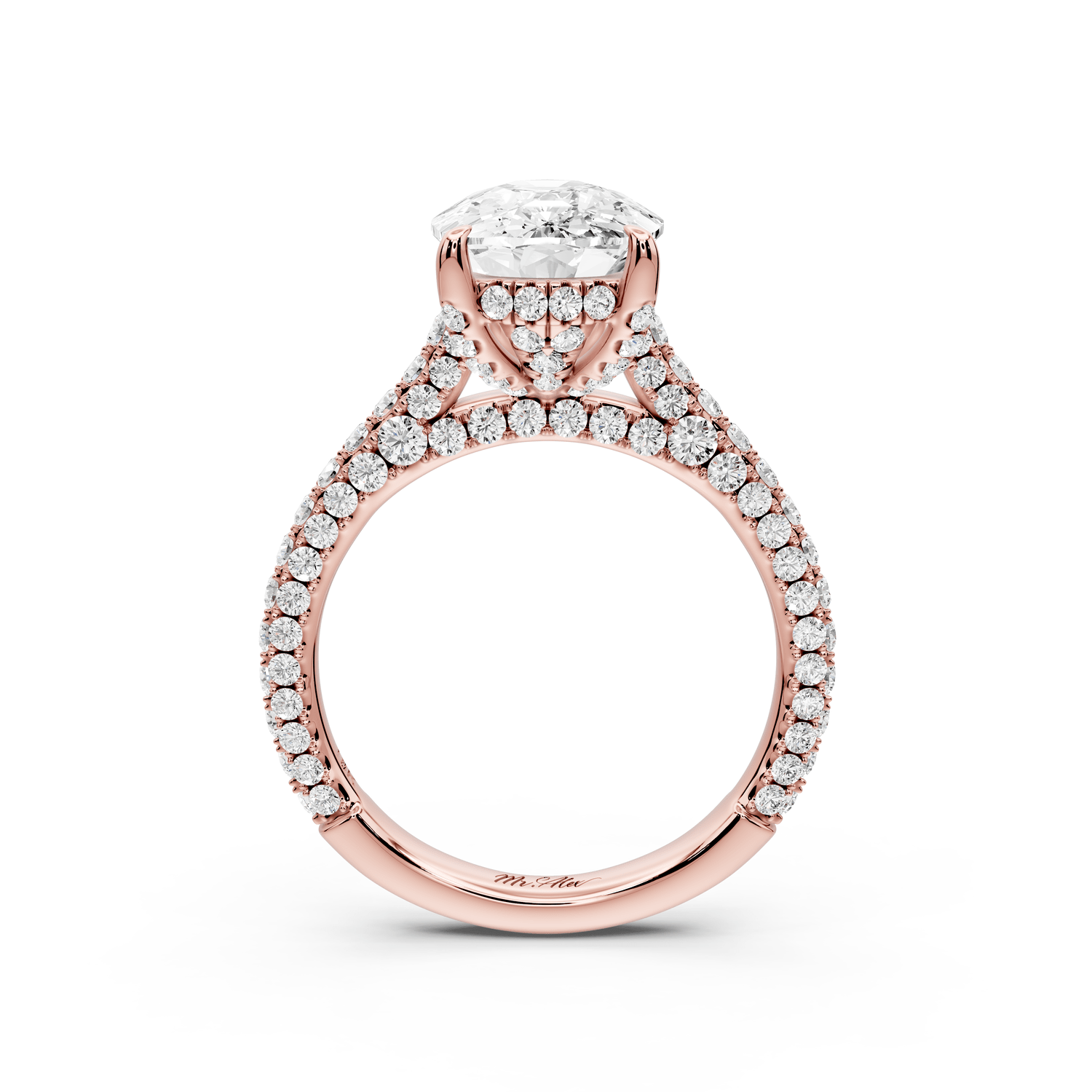 Bianca - 4ct 14k rose gold ecushion Diamond hidden halo with a diamond crown and bridge rollover pave cathedral engagement ring - Mr. Alex Jewelry