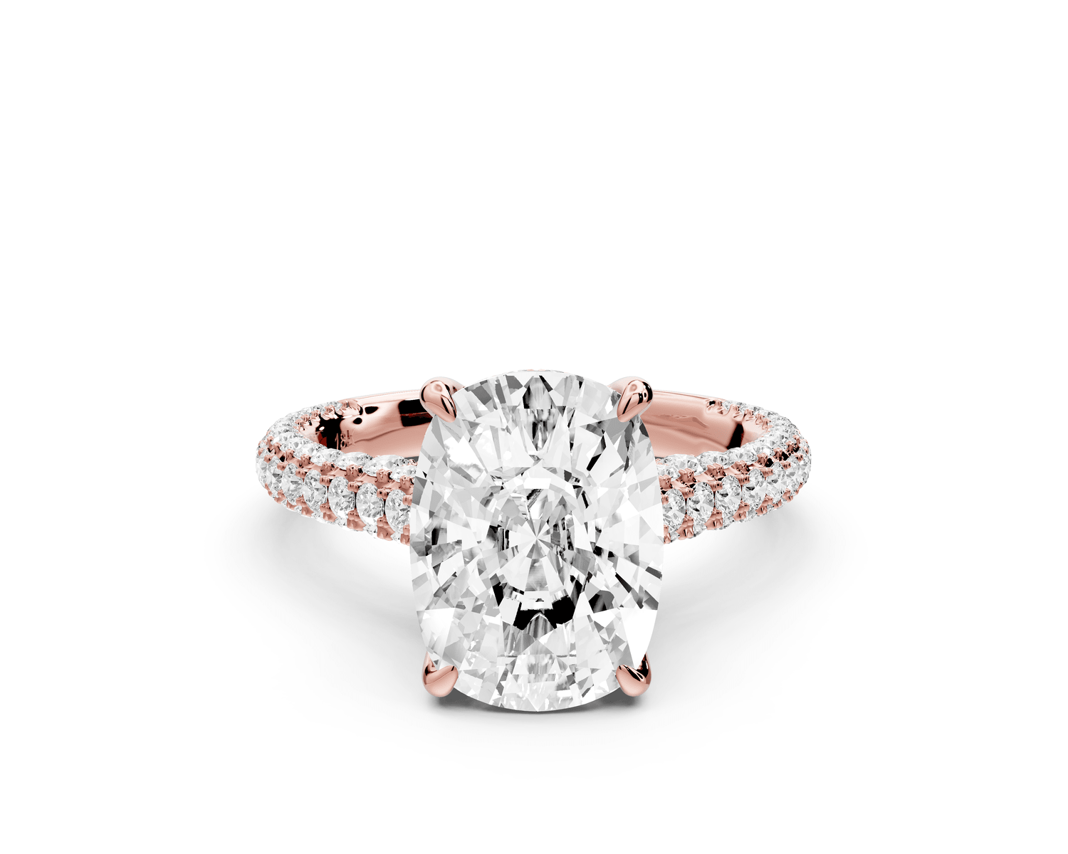 Bianca - 4ct 14k rose gold ecushion Diamond hidden halo with a diamond crown and bridge rollover pave cathedral engagement ring - Mr. Alex Jewelry