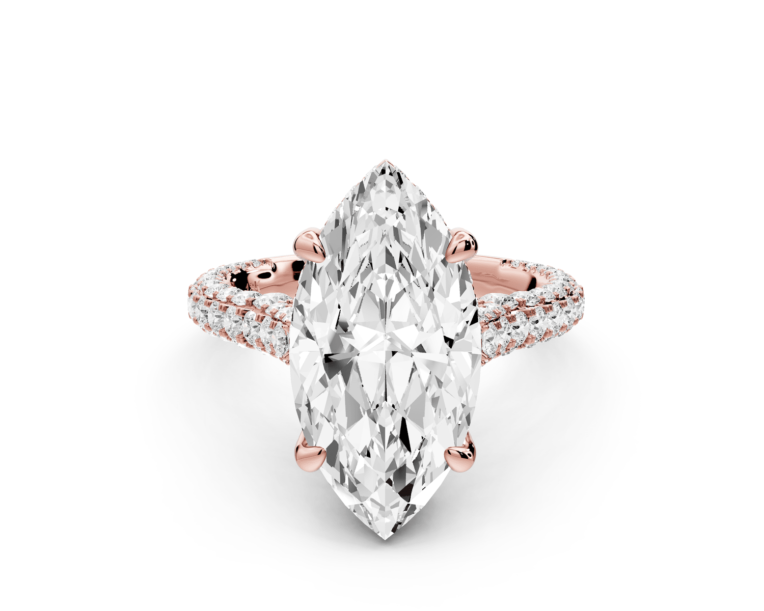 Bianca - 4ct 14k rose gold marquise Diamond hidden halo with a diamond crown and bridge rollover pave cathedral engagement ring - Mr. Alex Jewelry