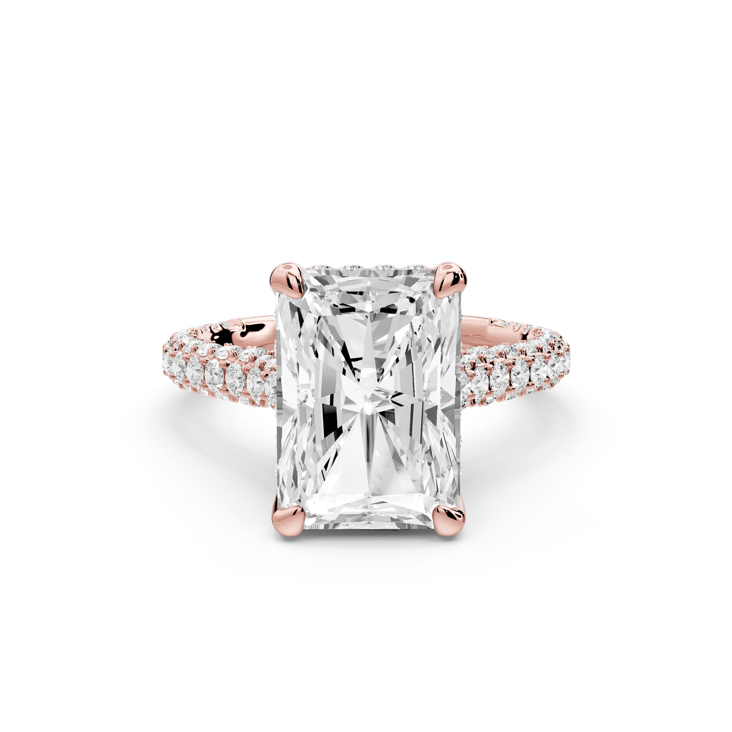 Bianca - 4ct 14k rose gold radiant Diamond hidden halo with a diamond crown and bridge rollover pave cathedral engagement ring - Mr. Alex Jewelry