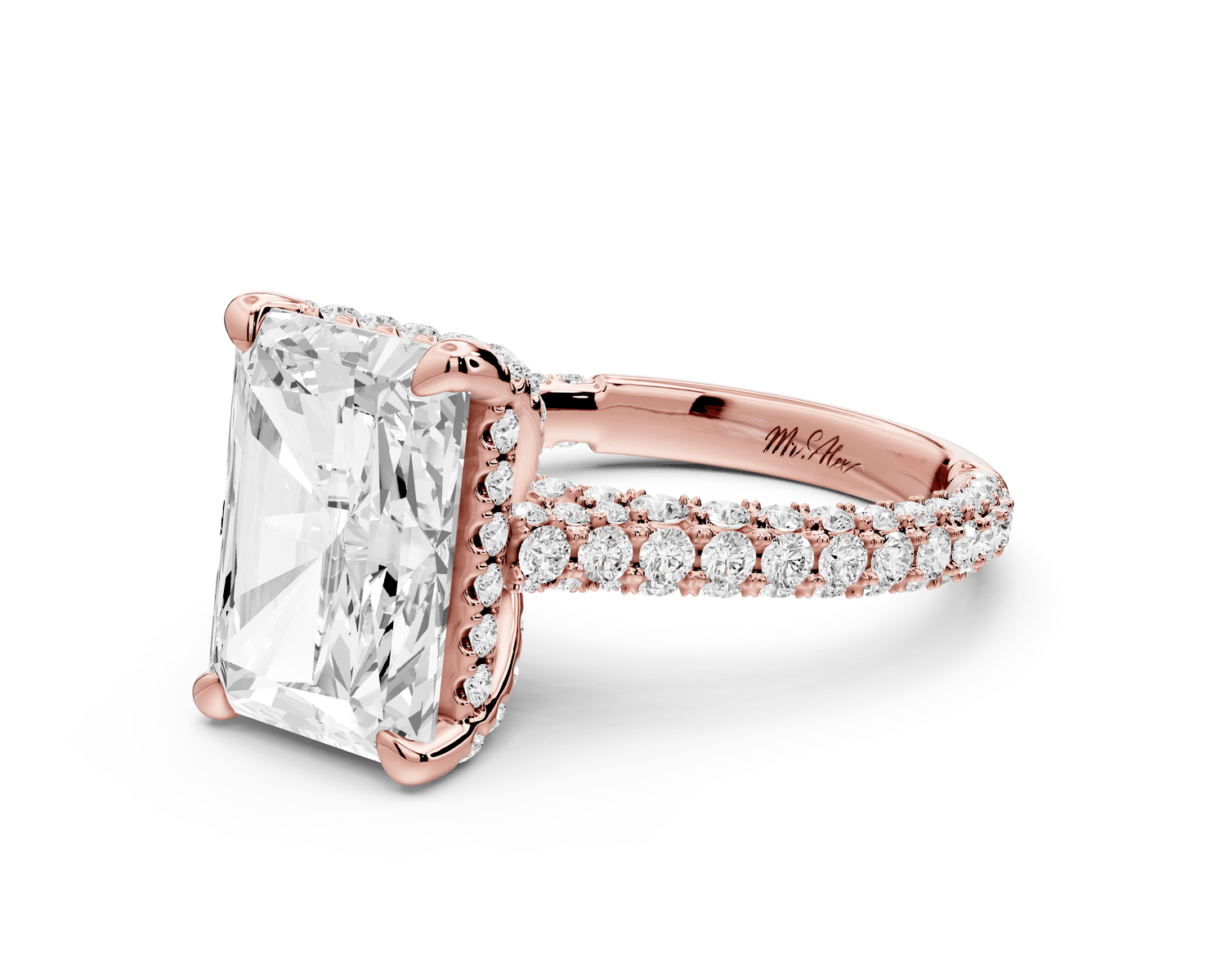 Bianca - 4ct 14k rose gold radiant Diamond hidden halo with a diamond crown and bridge rollover pave cathedral engagement ring - Mr. Alex Jewelry