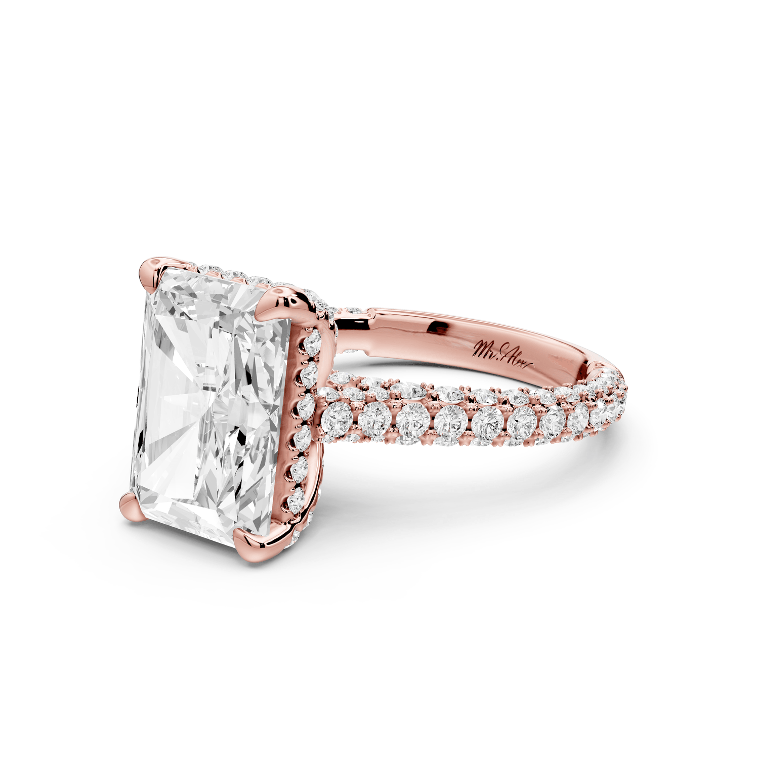 Bianca - 4ct 14k rose gold radiant Diamond hidden halo with a diamond crown and bridge rollover pave cathedral engagement ring - Mr. Alex Jewelry