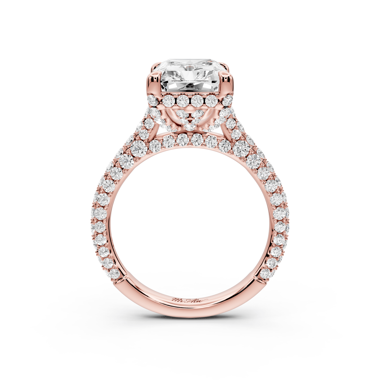 Bianca - 4ct 14k rose gold radiant Diamond hidden halo with a diamond crown and bridge rollover pave cathedral engagement ring - Mr. Alex Jewelry