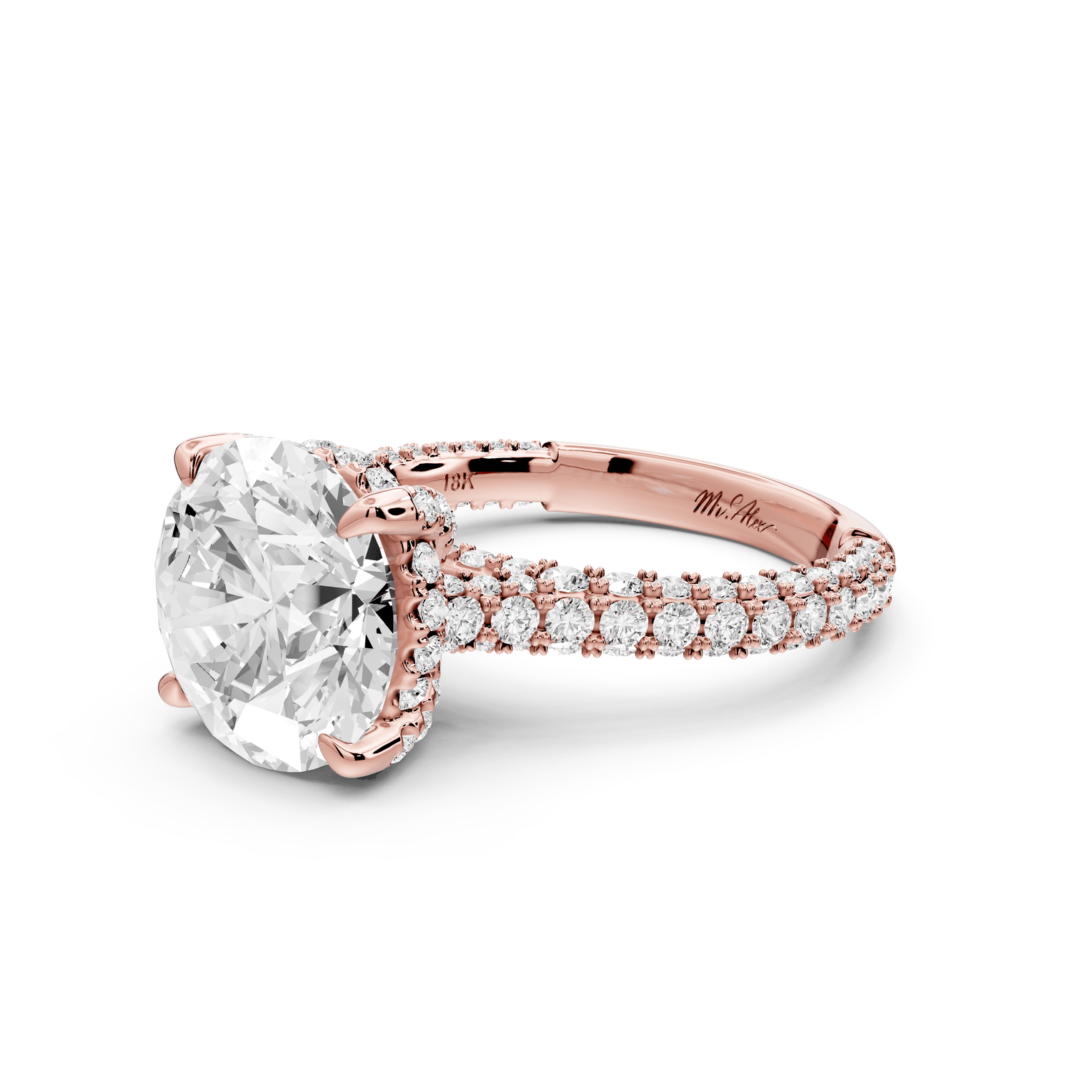 Bianca - 4ct 14k rose gold round Diamond hidden halo with a diamond crown and bridge rollover pave cathedral engagment ring - Mr. Alex Jewelry