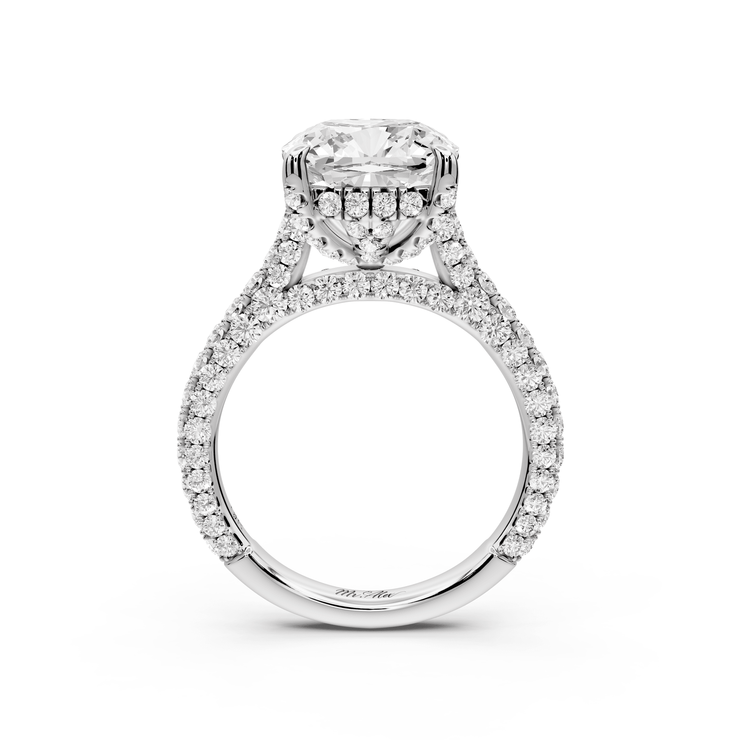 Bianca - 4ct 14k white gold cushion Diamond hidden halo with a diamond crown and bridge rollover pave cathedral engagement ring - Mr. Alex Jewelry