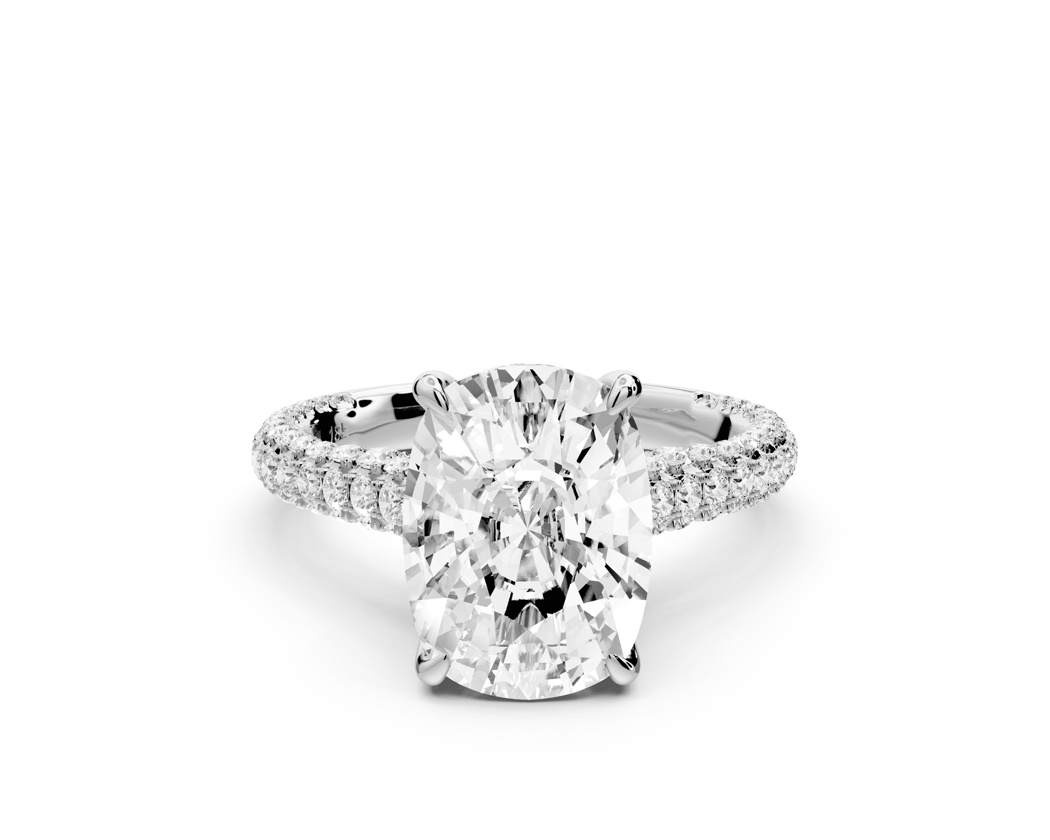 Bianca - 4ct 14k white gold ecushion Diamond hidden halo with a diamond crown and bridge rollover pave cathedral engagement ring - Mr. Alex Jewelry