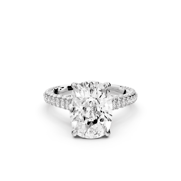 Bianca - 4ct 14k white gold ecushion Diamond hidden halo with a diamond crown and bridge rollover pave cathedral engagement ring - Mr. Alex Jewelry