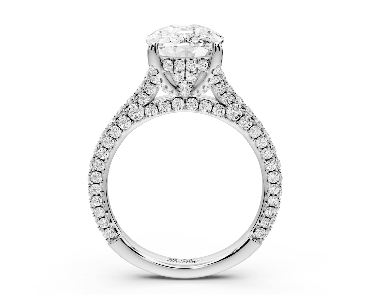 Bianca - 4ct 14k white gold ecushion Diamond hidden halo with a diamond crown and bridge rollover pave cathedral engagement ring - Mr. Alex Jewelry