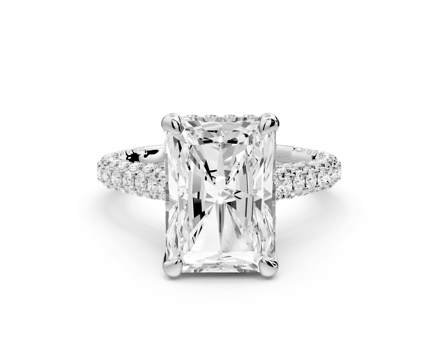 Bianca - 4ct 14k white gold radiant Diamond hidden halo with a diamond crown and bridge rollover pave cathedral engagement ring - Mr. Alex Jewelry