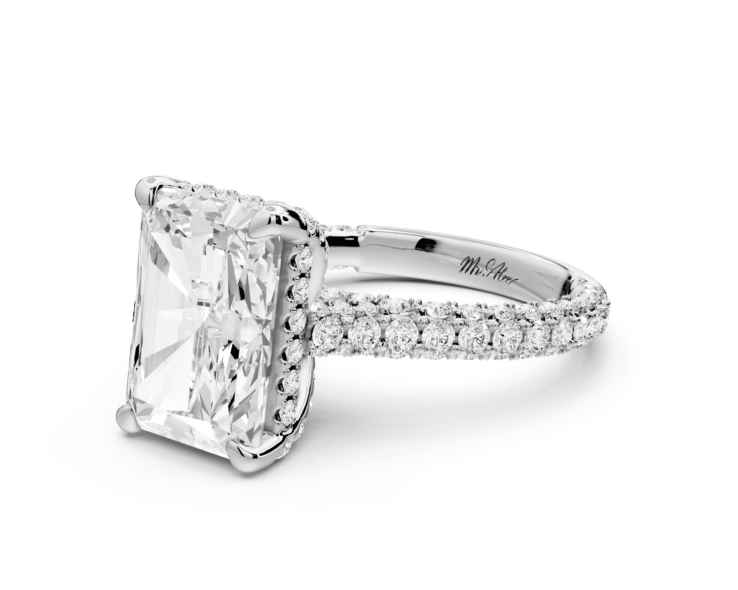 Bianca - 4ct 14k white gold radiant Diamond hidden halo with a diamond crown and bridge rollover pave cathedral engagement ring - Mr. Alex Jewelry