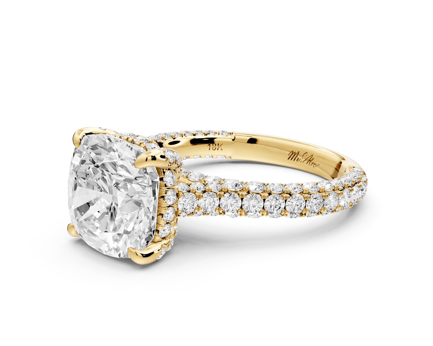 Bianca - 4ct 14k yellow gold cushion Diamond hidden halo with a diamond crown and bridge rollover pave cathedral engagement ring - Mr. Alex Jewelry