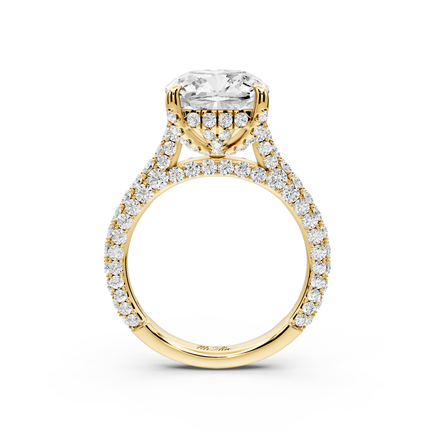 Bianca - 4ct 14k yellow gold cushion Diamond hidden halo with a diamond crown and bridge rollover pave cathedral engagement ring - Mr. Alex Jewelry