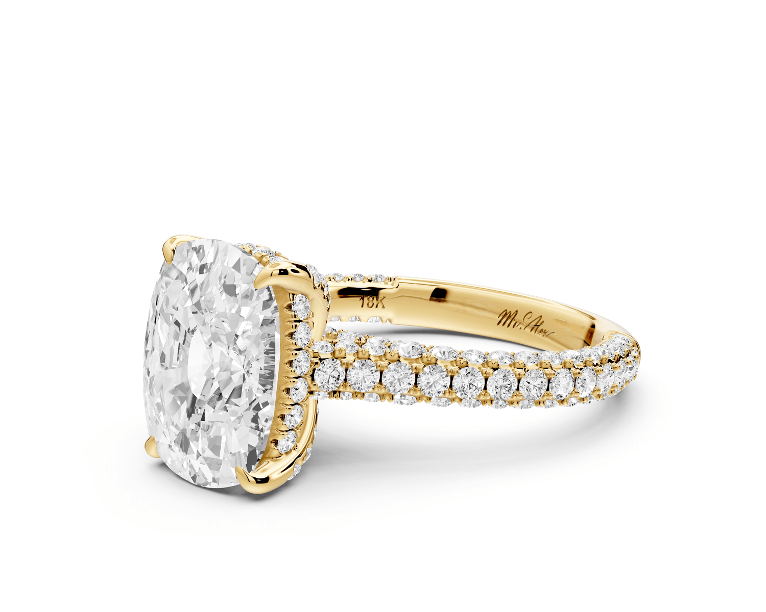 Bianca - 4ct 14k yellow gold ecushion Diamond hidden halo with a diamond crown and bridge rollover pave cathedral engagement ring - Mr. Alex Jewelry
