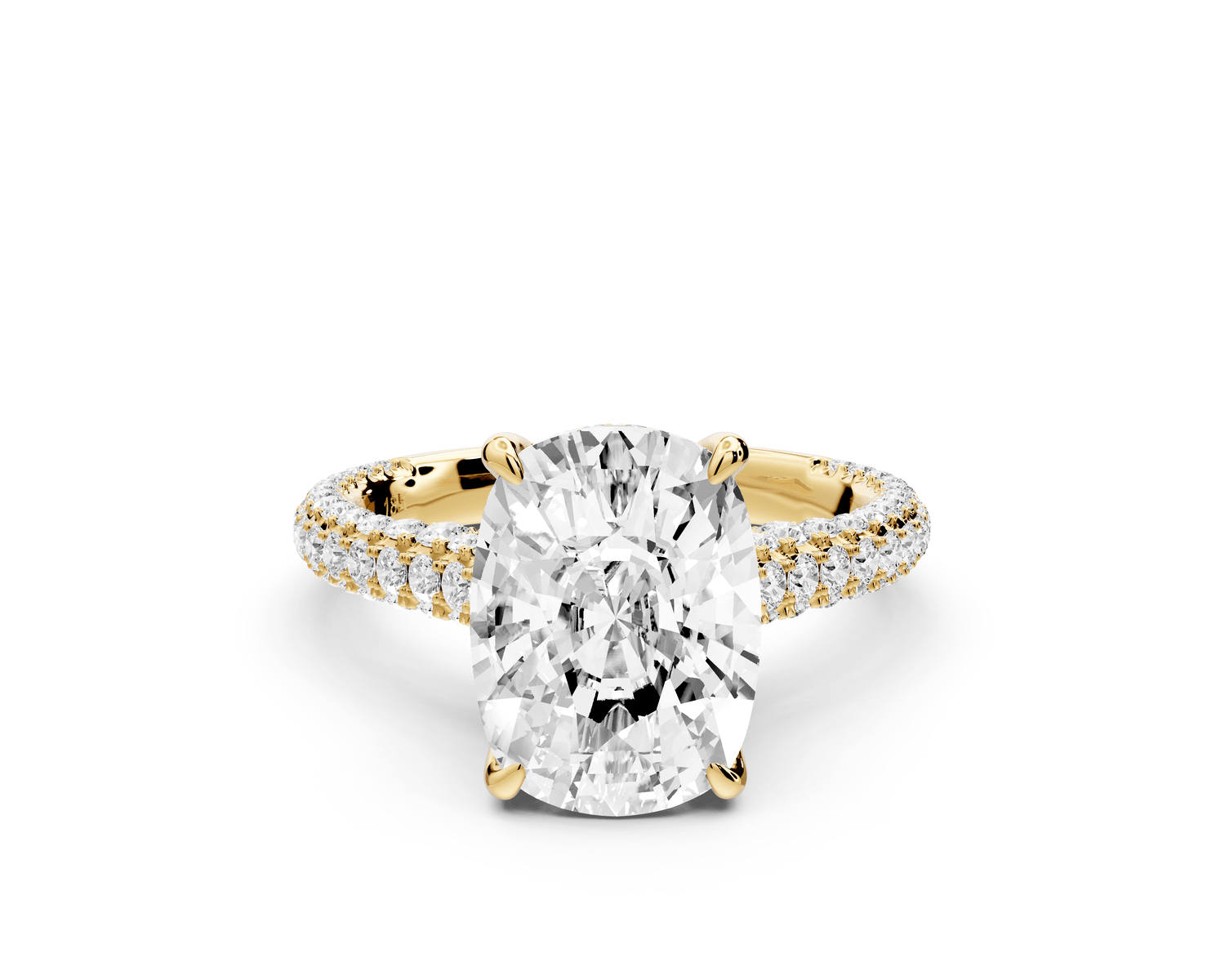 Bianca - 4ct 14k yellow gold ecushion Diamond hidden halo with a diamond crown and bridge rollover pave cathedral engagement ring - Mr. Alex Jewelry