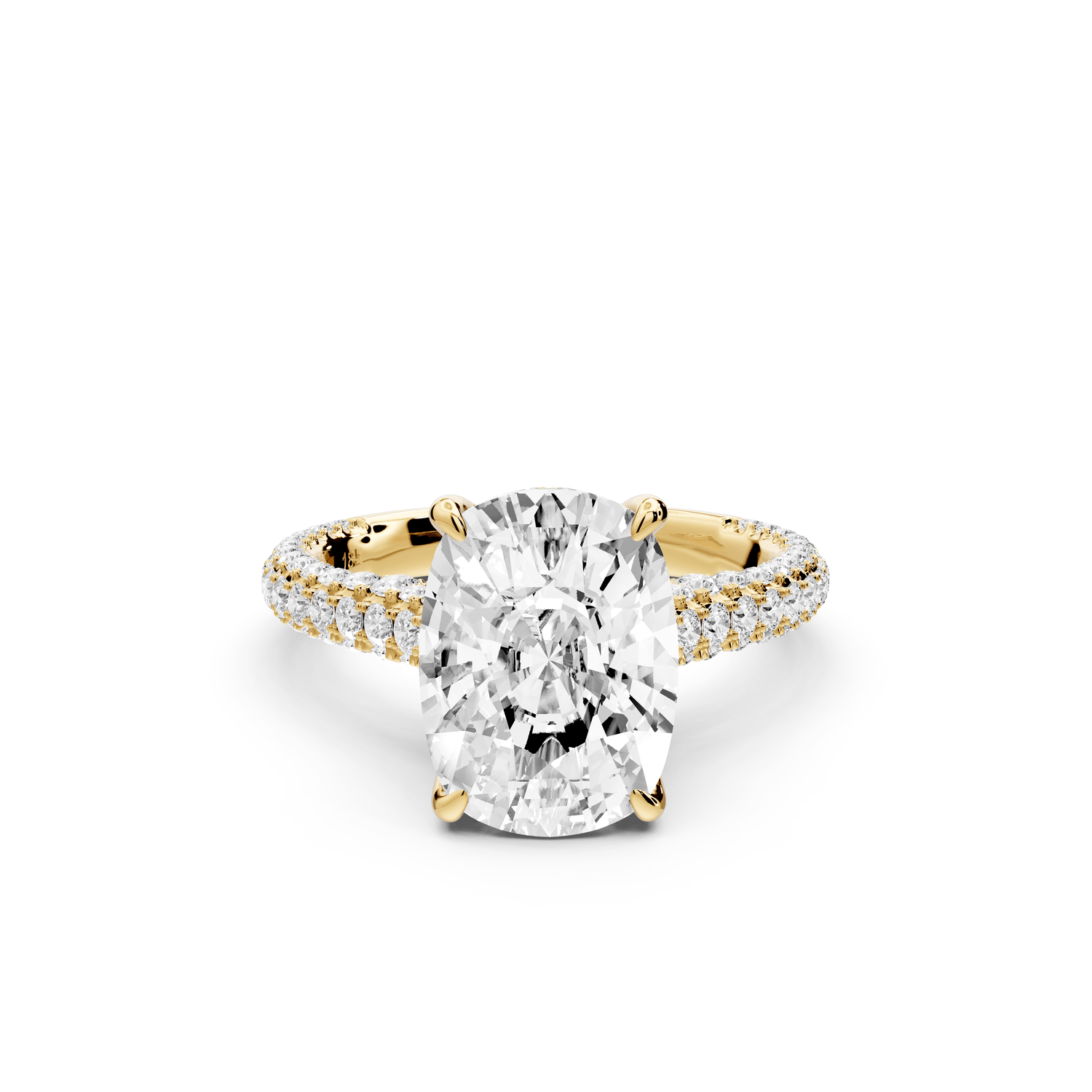 Bianca - 4ct 14k yellow gold ecushion Diamond hidden halo with a diamond crown and bridge rollover pave cathedral engagement ring - Mr. Alex Jewelry
