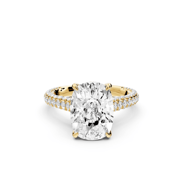 Bianca - 4ct 14k yellow gold ecushion Diamond hidden halo with a diamond crown and bridge rollover pave cathedral engagement ring - Mr. Alex Jewelry