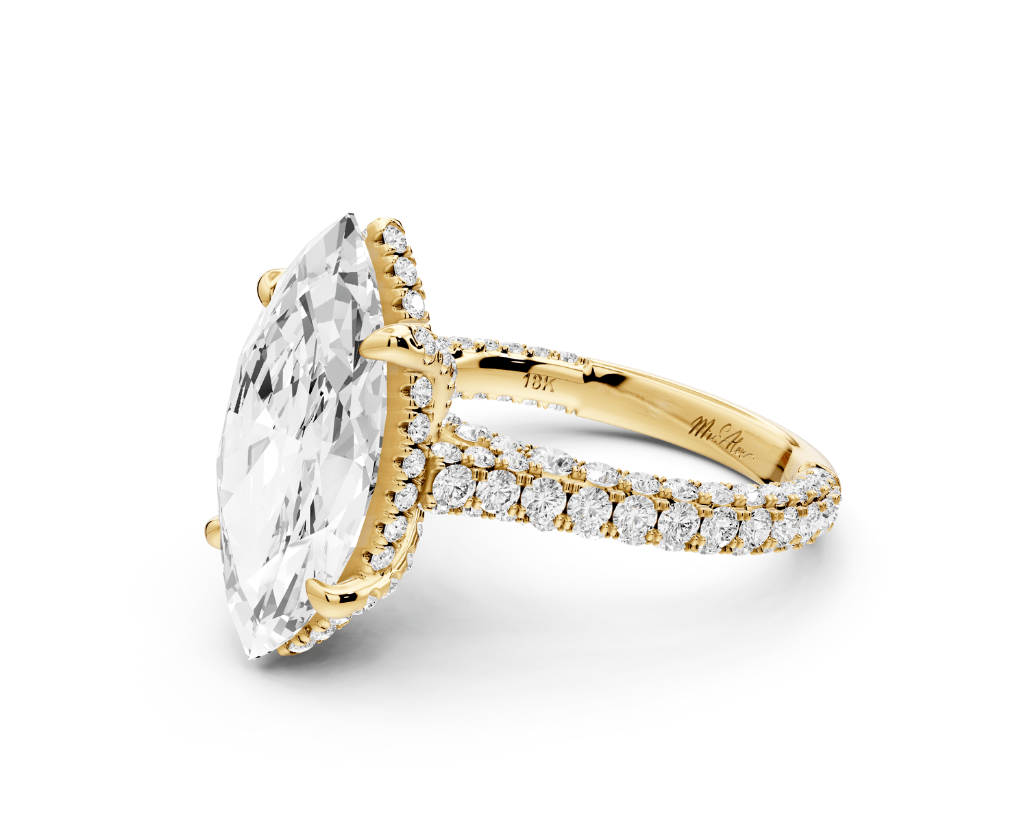 Bianca - 4ct 14k yellow gold marquise Diamond hidden halo with a diamond crown and bridge rollover pave cathedral engagement ring - Mr. Alex Jewelry