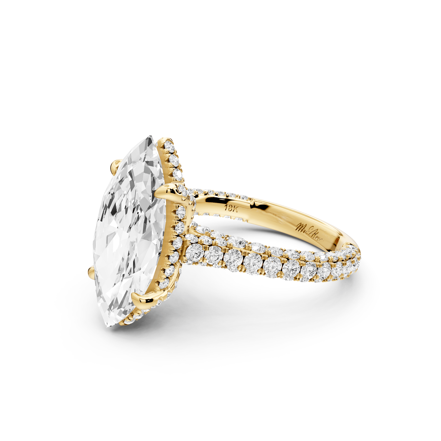 Bianca - 4ct 14k yellow gold marquise Diamond hidden halo with a diamond crown and bridge rollover pave cathedral engagement ring - Mr. Alex Jewelry